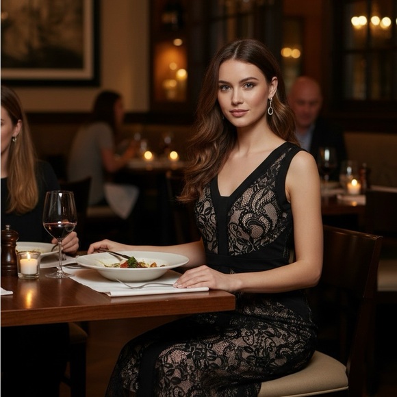 Elegant Lace Black and Cream Dress - Picture 2 of 7